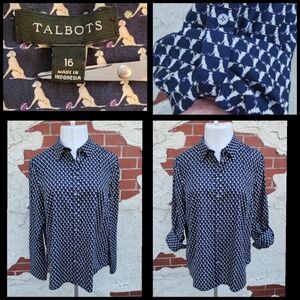 16 TALBOTS Button Down Dark Blue Long Convertible Roll Tab Sleeeve Dog Labrador